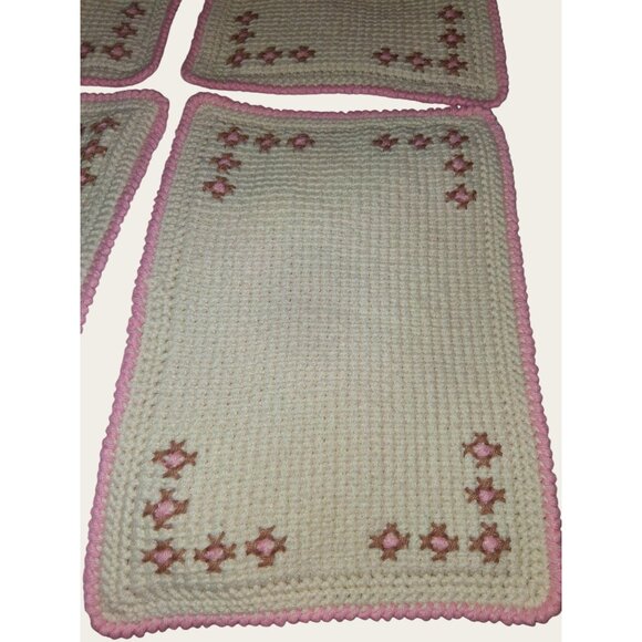 Set Of 4 Handcrafted Crochet Placemats Pink Brown Flower Design - Picture 2 of 8